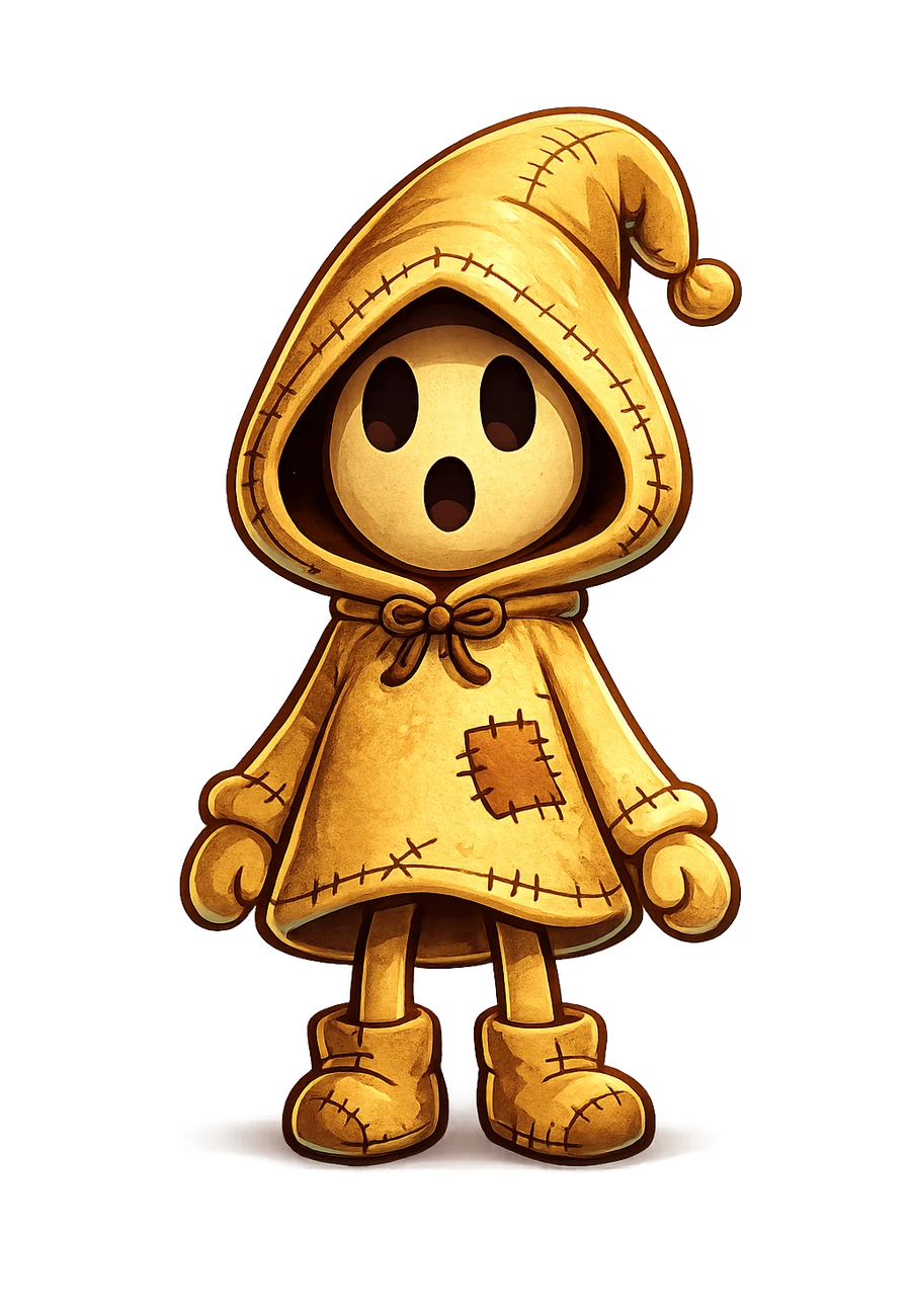 The Duskwalker — a little hooded ragdoll in a stitched gold cloak