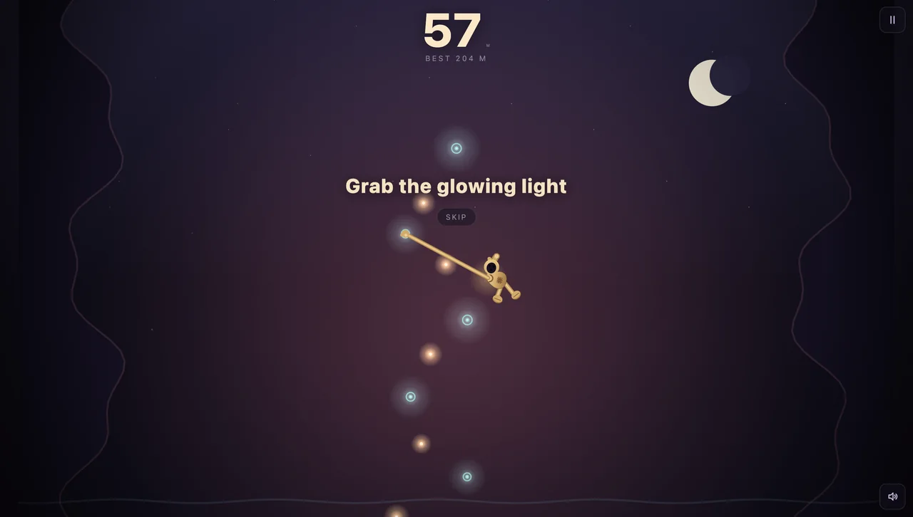 DUSKWALKER gameplay — the little guy slings a line of light onto an anchor amid glowing motes