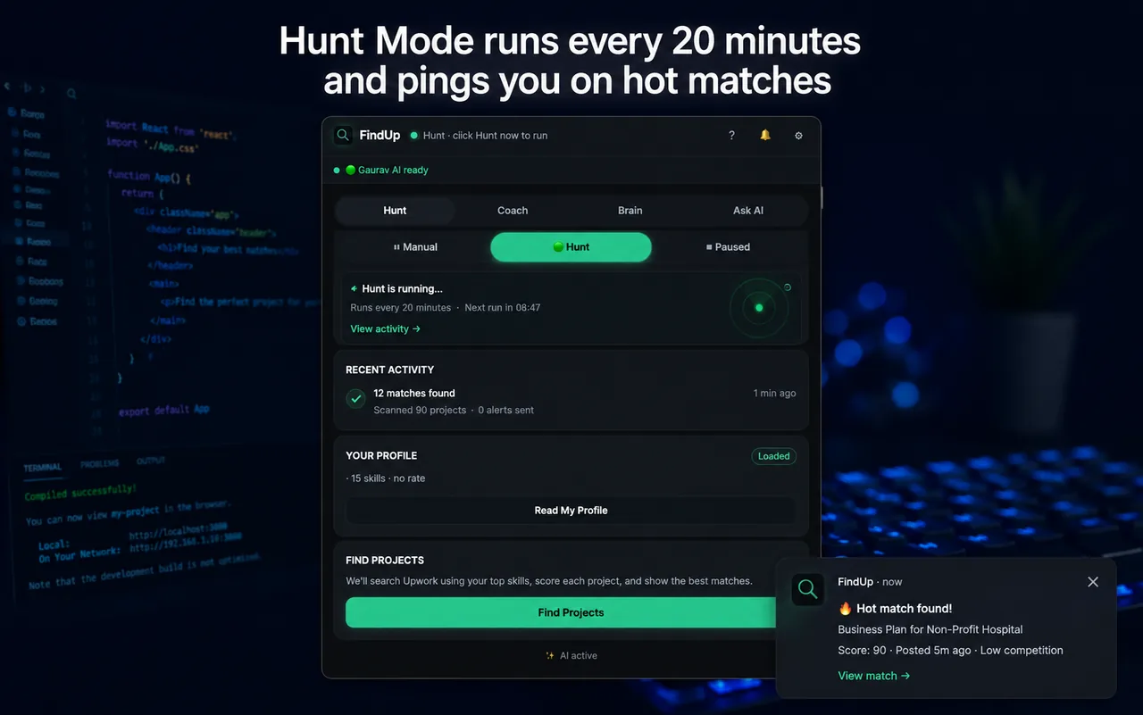 FindUp Hunt Mode running every 20 minutes with a desktop hot-match notification