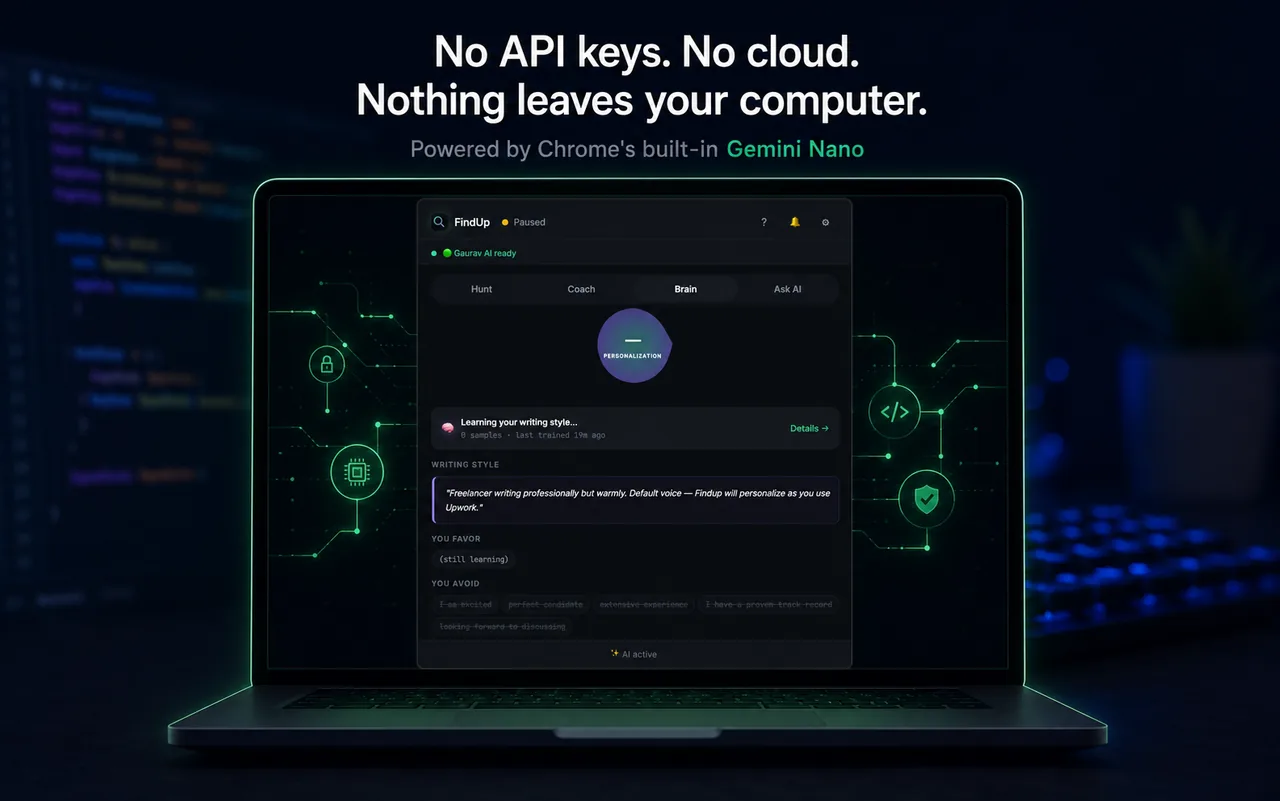 FindUp Brain tab learning your writing style locally — powered by Chrome's built-in Gemini Nano