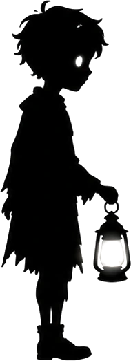 The child, lantern in hand, standing in a pool of light