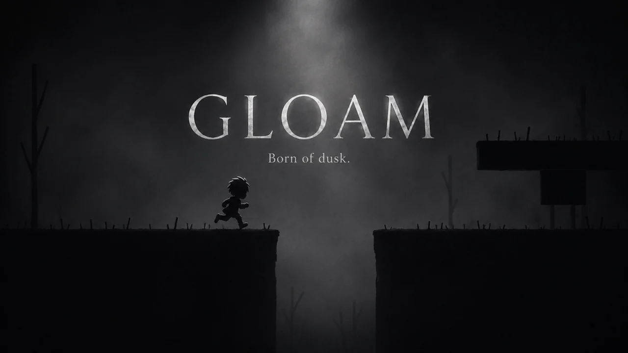GLOAM key art — the child runs across a broken ledge beneath a shaft of light