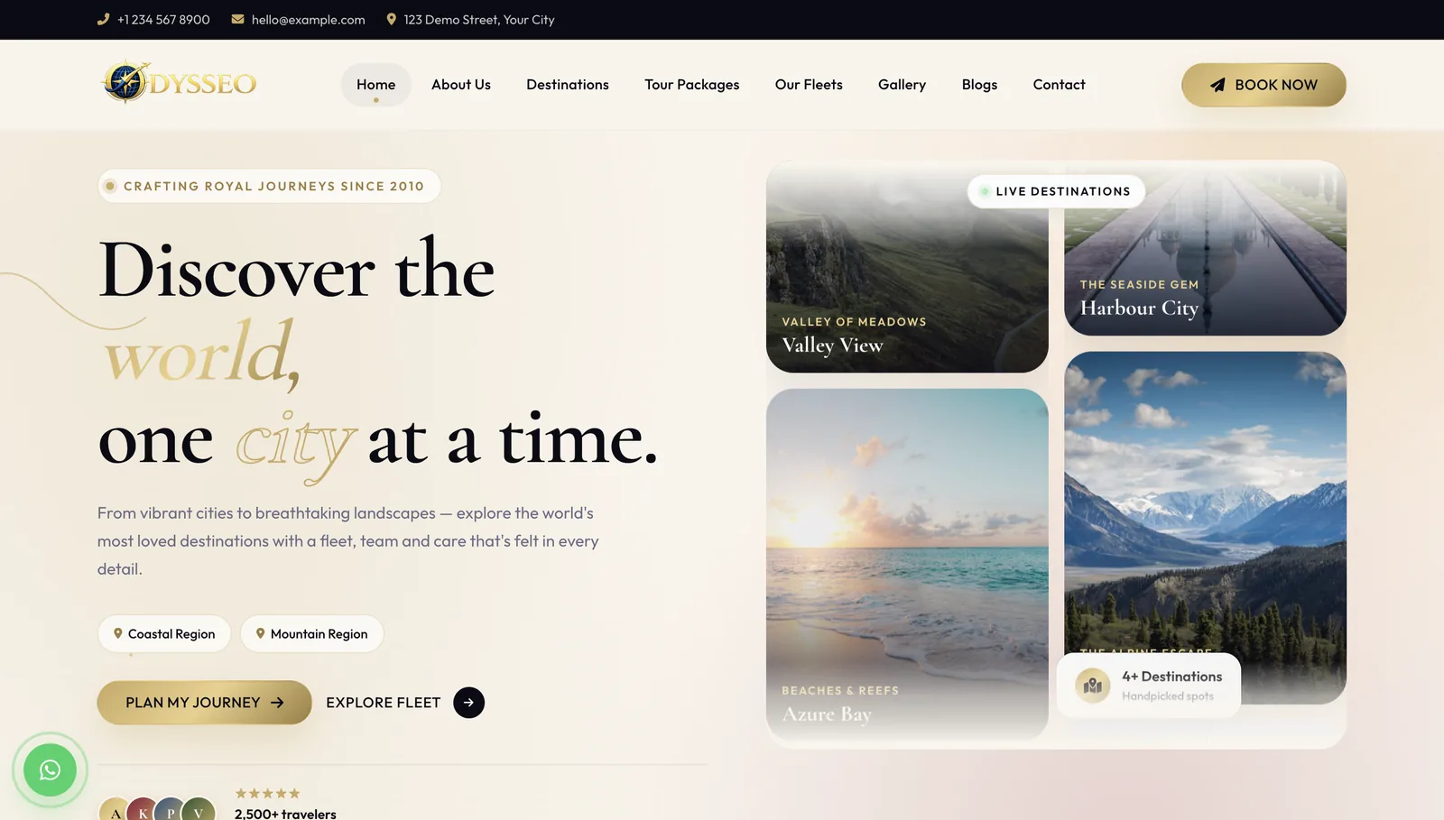 The Odysseo theme homepage — a luxury travel layout with destinations and fleet