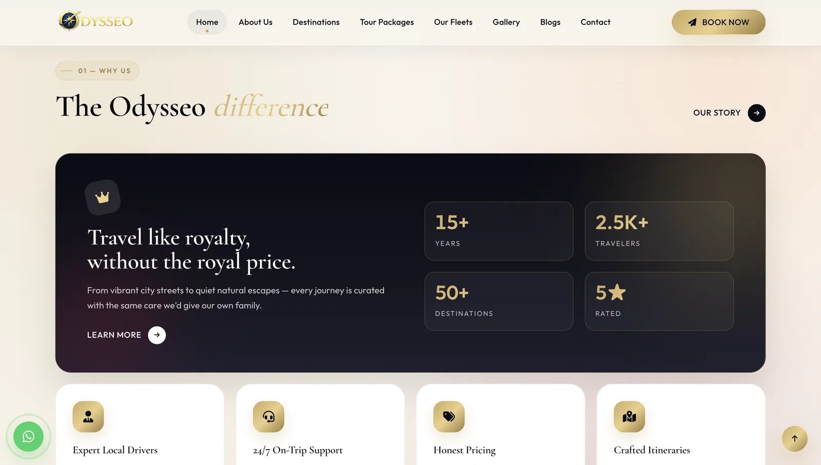 “The Odysseo difference” — stats, trust badges and feature cards.