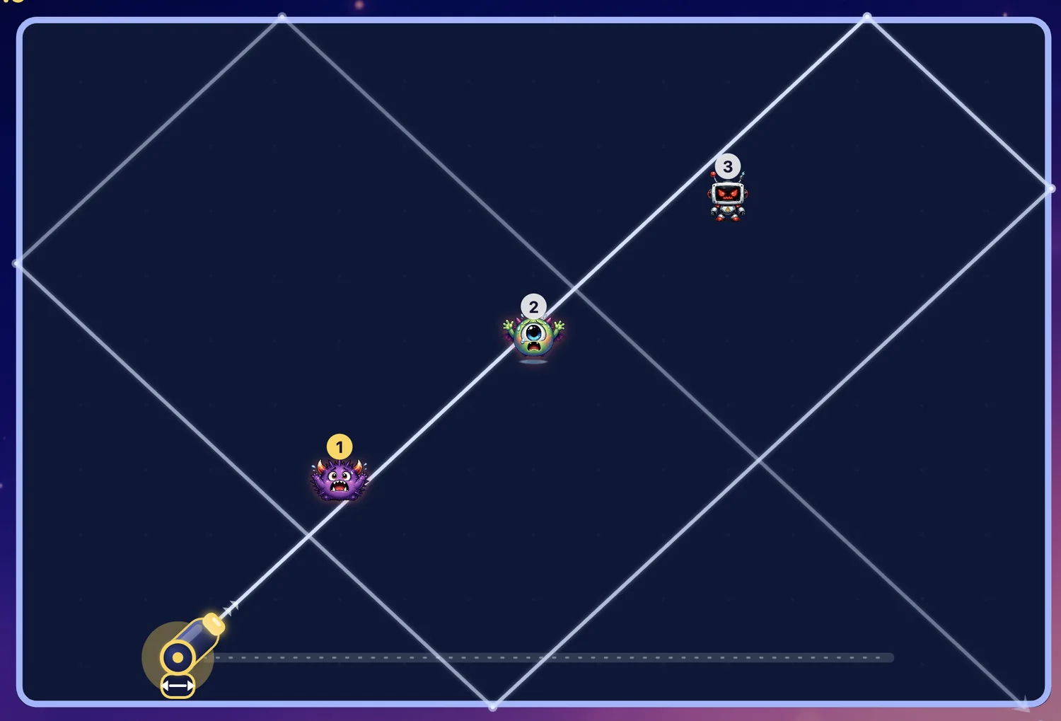 RICOCHET gameplay — one dotted shot banks across the arena to reach three numbered enemies in order