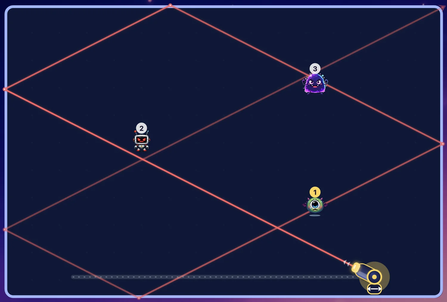RICOCHET gameplay — a long red bank shot crossing the arena toward distant targets