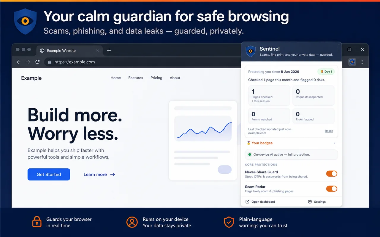 Sentinel popup dashboard guarding a browser, showing pages checked and core protections