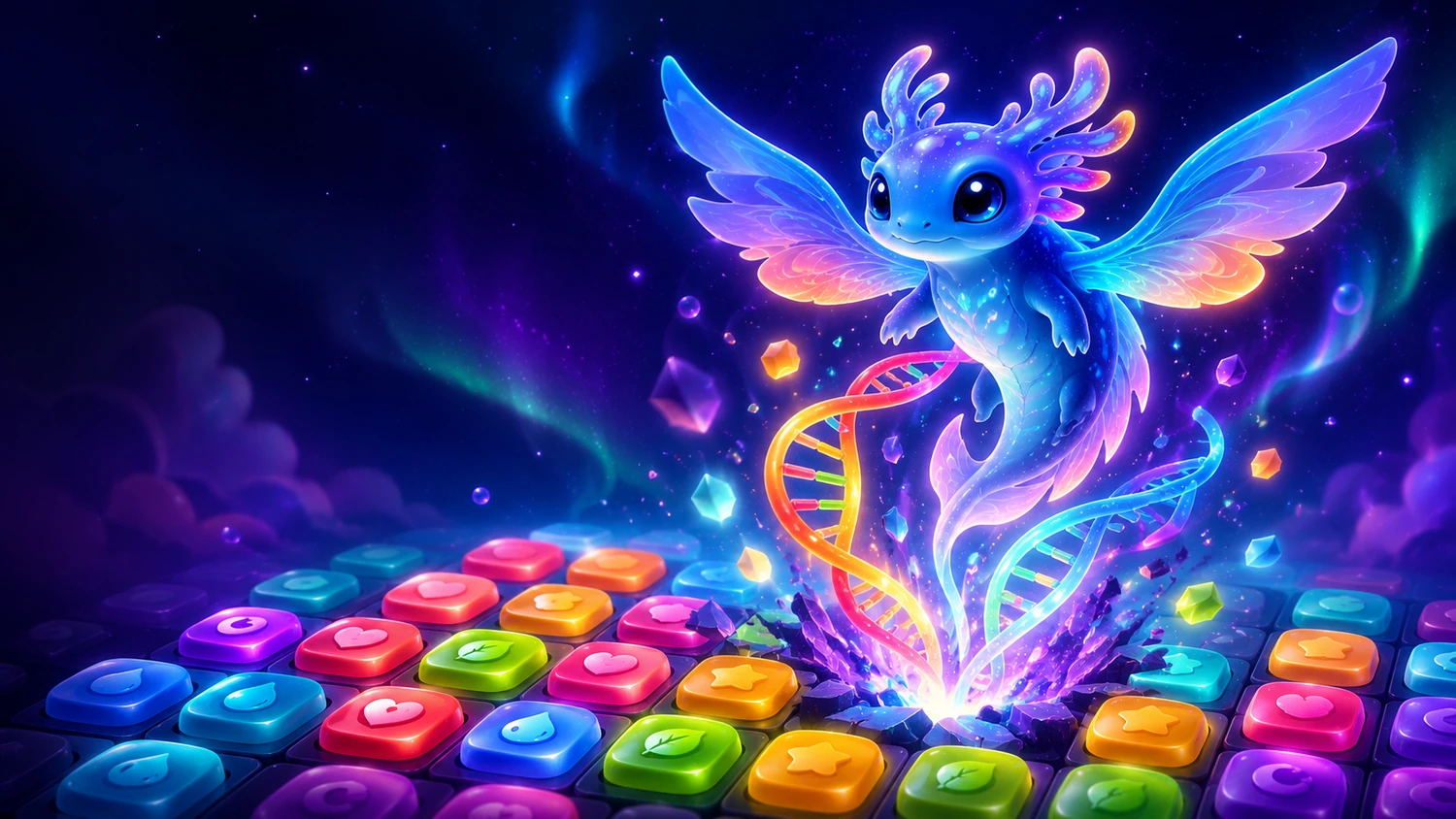A glowing winged creature rising from a rainbow DNA helix above a board of colourful tiles