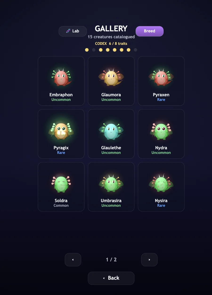 The Gallery — collected creatures with species names and rarities