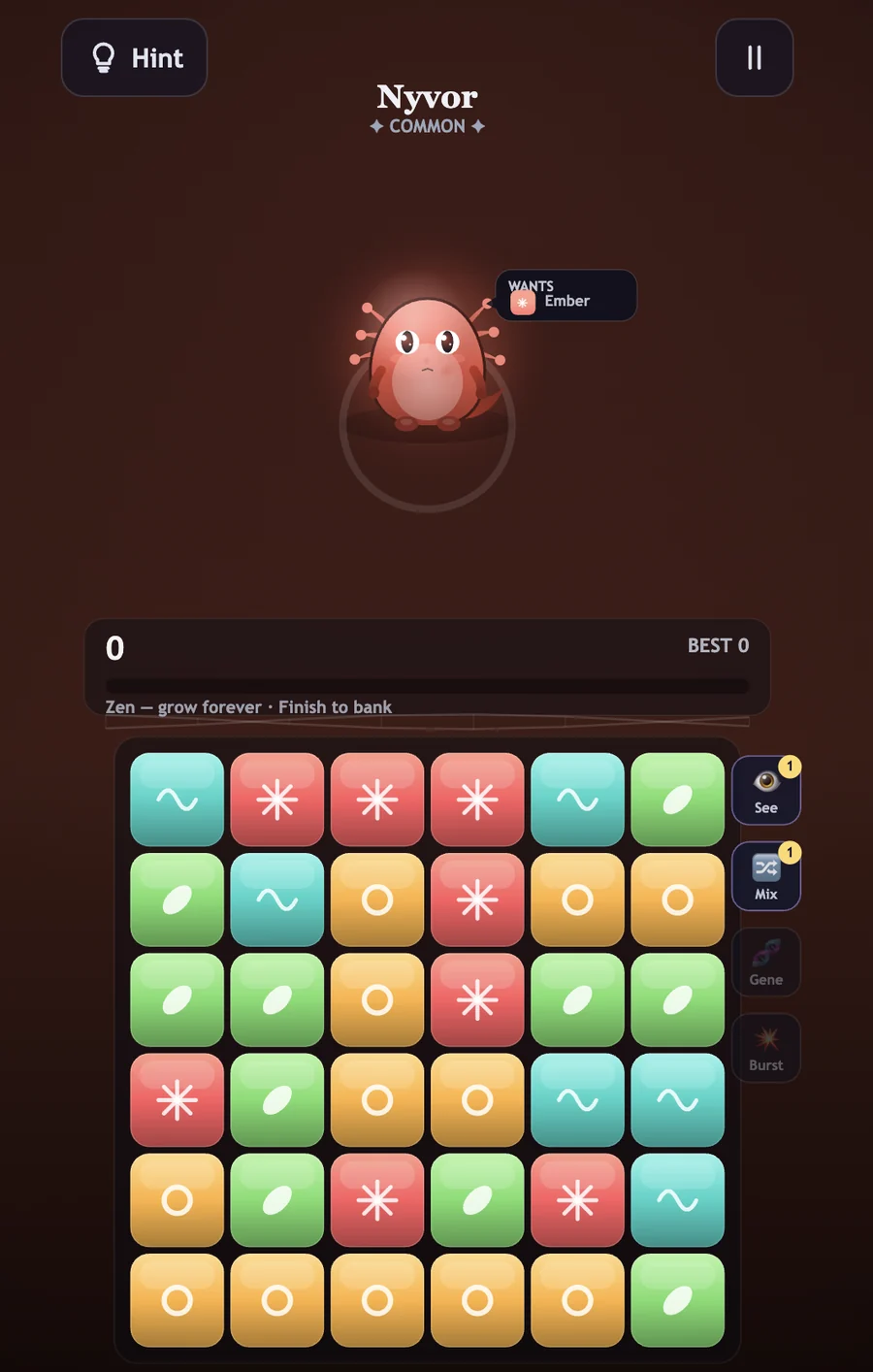 Symbiosis gameplay — a creature craving Ember above a colourful tile board